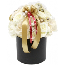 ŚWIĄTECZNY bukiet FlowerBox XL KREM ZŁOTO + bombki i anielski włos