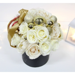 ŚWIĄTECZNY bukiet FlowerBox XL KREM ZŁOTO + bombki i anielski włos