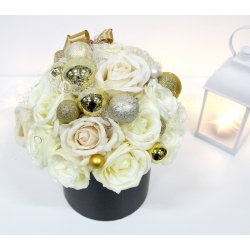 ŚWIĄTECZNY bukiet FlowerBox XL KREM ZŁOTO + bombki i anielski włos