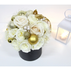 ŚWIĄTECZNY bukiet FlowerBox XL KREM ZŁOTO + bombki i anielski włos