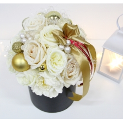 ŚWIĄTECZNY bukiet FlowerBox XL KREM ZŁOTO + bombki i anielski włos