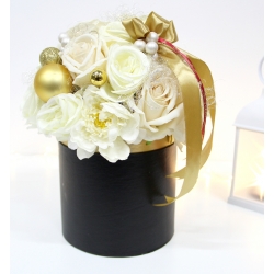 ŚWIĄTECZNY bukiet FlowerBox XL KREM ZŁOTO + bombki i anielski włos