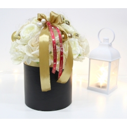 ŚWIĄTECZNY bukiet FlowerBox XL KREM ZŁOTO + bombki i anielski włos