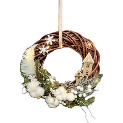 WIANEK ŚWIĄTECZNY NA DRZWI z lampkami LED Drewnianymi domkami