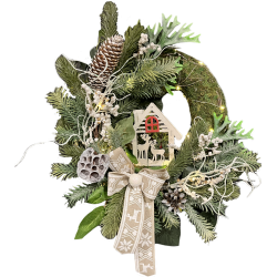 WIANEK ŚWIĄTECZNY MECH NA DRZWI z lampkami LED Domek Świerk Kokarda Susz