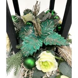 WIĄZANKA Stroik BOŻONARODZENIOWY w czarnym LAMPIONIE z zieloną poinsecją