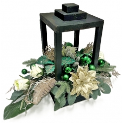 WIĄZANKA Stroik BOŻONARODZENIOWY w czarnym LAMPIONIE z zieloną poinsecją