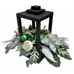 WIĄZANKA Stroik BOŻONARODZENIOWY w czarnym LAMPIONIE ze srebrną poinsecją