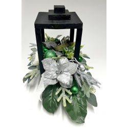 WIĄZANKA Stroik BOŻONARODZENIOWY w czarnym LAMPIONIE ze srebrną poinsecją
