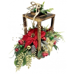 WIĄZANKA Stroik BOŻONARODZENIOWY w brązowym LAMPIONIE z czerwoną poinsecją
