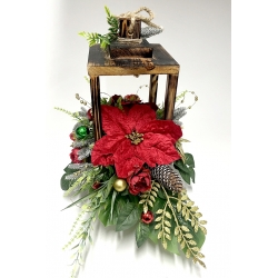 WIĄZANKA Stroik BOŻONARODZENIOWY w brązowym LAMPIONIE z czerwoną poinsecją