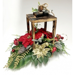 WIĄZANKA Stroik BOŻONARODZENIOWY w brązowym LAMPIONIE z czerwoną poinsecją