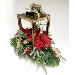 WIĄZANKA Stroik BOŻONARODZENIOWY w brązowym LAMPIONIE z czerwoną poinsecją