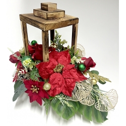 WIĄZANKA Stroik BOŻONARODZENIOWY w brązowym LAMPIONIE z czerwoną poinsecją