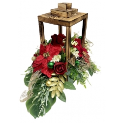 WIĄZANKA Stroik BOŻONARODZENIOWY w brązowym LAMPIONIE z czerwoną poinsecją