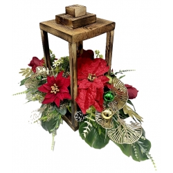 WIĄZANKA Stroik BOŻONARODZENIOWY w brązowym LAMPIONIE z czerwoną poinsecją