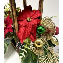 WIĄZANKA Stroik BOŻONARODZENIOWY w brązowym LAMPIONIE z czerwoną poinsecją