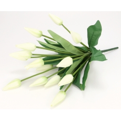 Bukiet 14x satynowe TULIPANY kolor BIAŁY z zielenią wysokość 46cm