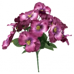 Bukiet BRATKI PURPURA sztuczne satynowe z listkami 14x kwiatków, wys. 24cm