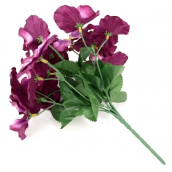 Bukiet BRATKI PURPURA sztuczne satynowe z listkami 14x kwiatków, wys. 24cm