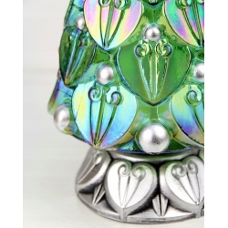 ZNICZ CHOINKA DUŻA zielono tęczowe szkło, motyw srebrnych bombek, Wkład 60h